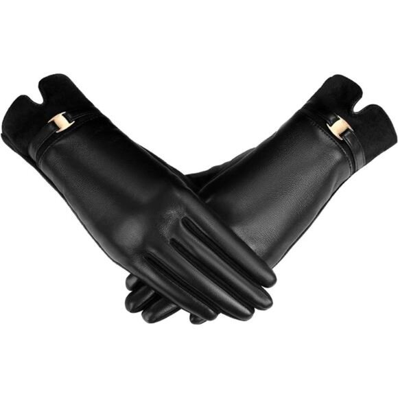 Women's Leather Gloves Winter Black PU Leather - Picture 1 of 6